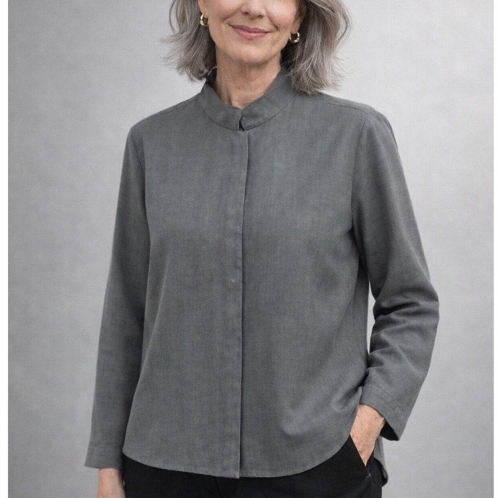 Vintage - Eileen Fisher Woman's Small Jacket Blazer Gray Herringbone 100% Silk